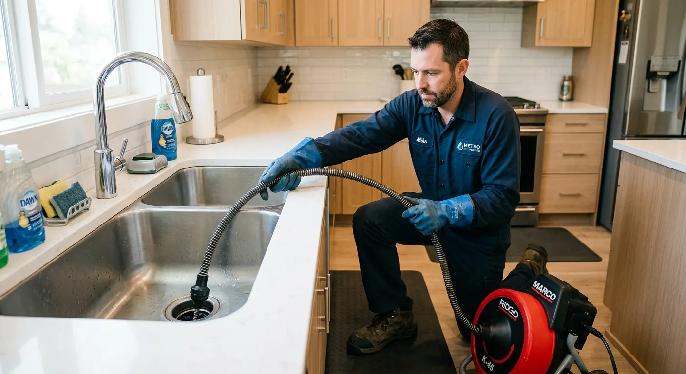 Drain cleaning technician using a motorized snake on a kitchen sink in Minneola