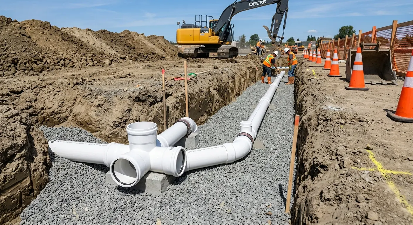 New PVC sewer pipe installation in open trench for Grease Trap Cleaning in Minneola