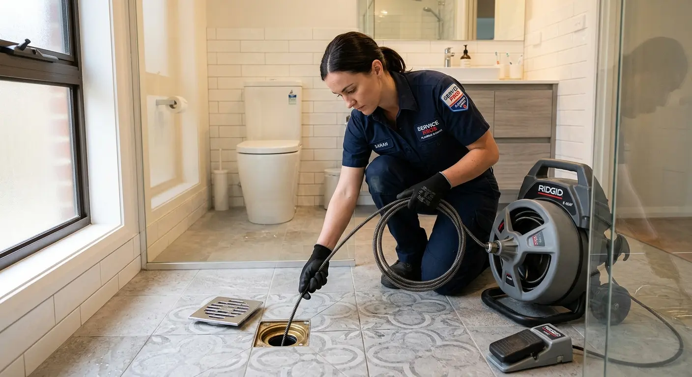 Technician clearing a bathroom floor drain for Drain Repair in Minneola